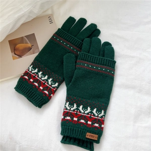 Winter thermal knit gloves in dark green with Nordic snowflake patterns and leather tag