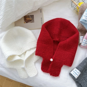 Winter knitted hooded scarf with pearl button detail in white and red color options