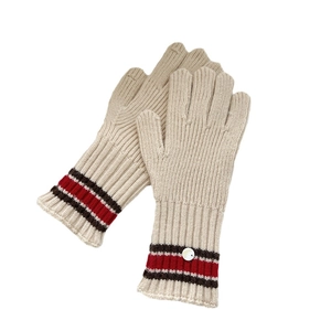 Beige knitted touch screen gloves with red striped cuffs and button detail for winter