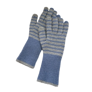 Winter striped knitted gloves for women with thermal plush lining and touchscreen design