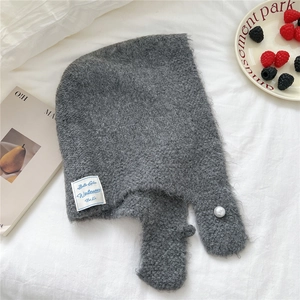Detail of grey knitted balaclava hood featuring a pearl button and Winterwear label