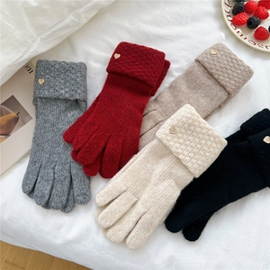 Cozy heart-accented knitted winter gloves for women in five assorted neutral colors