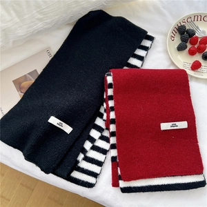 Winter striped knit scarf for women in thick black and red double-sided warm fabric