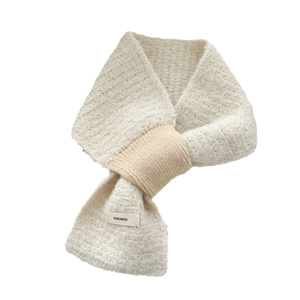 Solid cream knit cross scarf for women with soft fleece texture and woven brand label