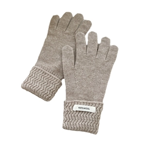 Solid oatmeal wool knit gloves with 100% wool material and ribbed windproof cuffs