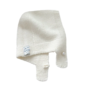 White knitted hooded scarf with ear flaps and elegant pearl button for women winter wear