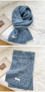 Close-up of blue knit scarf with cable knit texture and colorful speckled wool blend