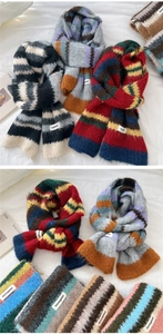 Close-up of colorful striped knit scarves with bonogeed label and soft texture