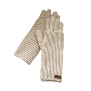 Beige double-layer knitted touchscreen gloves with ribbed cuffs and leather label