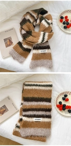 Macro detail of multicolored striped knit scarf showing fuzzy mohair texture and label