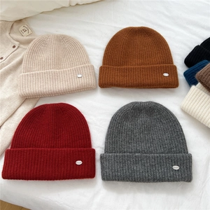 Wool Blend Ribbed Beanie Hat Cuffed Solid Color Minimalist Warm Winter Unisex With Metal Logo