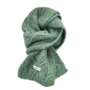 Grass green chunky knit scarf for winter with colorful speckled texture and branding