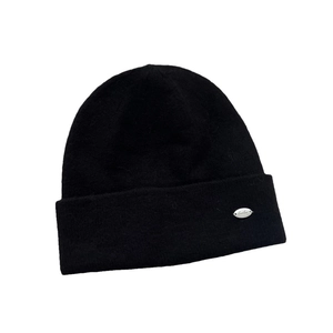 Classic black knitted beanie for women featuring a stylish silver metal logo plate detail