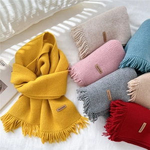 Knitted Winter Scarf Polyester Acrylic Solid Color With Tassels And Hand Made Leather Patch Warm Chic For Women