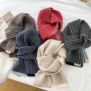 Japanese style striped two-tone knit scarves in multiple colors for winter warmth