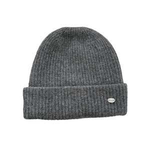 Dark gray ribbed knit beanie with silver metal logo plate on a clean white background