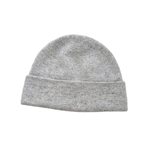 Minimalist light grey tweed knitted beanie with a wide folded cuff for women and men