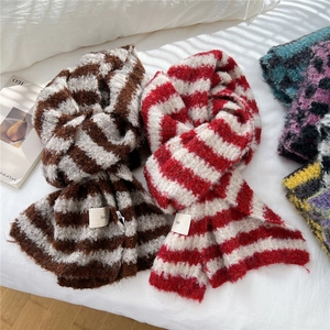 Striped Knit Scarf For Women Winter Warm Fuzzy Two Color Contrast Soft Long Neck Wrap Korean Fashion Style