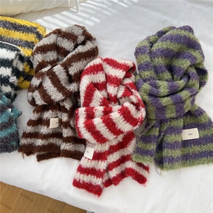 Soft striped knitted winter scarf for women in colorful hairy mohair style with woven tag