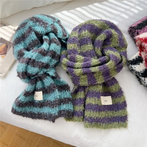 Two-tone striped knit scarves for winter in peacock green and purple with ins label