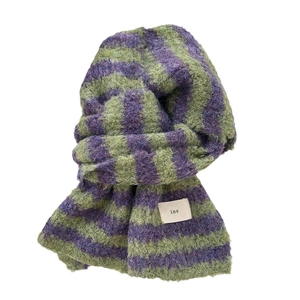 Winter knit scarf featuring green and purple stripes with a soft mohair wool texture
