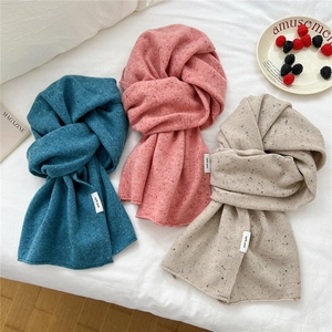 Knitted 100% wool scarf in blue, pink and grey with colorful speckled texture for winter