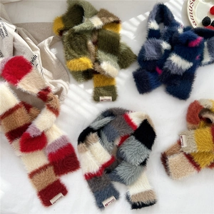 Colorful checkered faux fur scarf with soft texture and stylish striped knit design