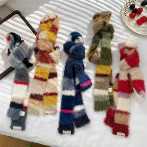 Women Colorful Striped Plush Scarf Autumn Winter Warm Long Narrow Neck Warmer Fashion Casual Chic Soft Faux Fur Texture