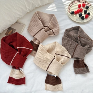 Striped Knitted Scarf Warm Polyester Chunky Knit Pull Through Cross Design Neck Warmer For Women Japanese Style Simple