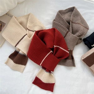 Striped two-tone knitted scarf for winter in beige, red, coffee, and navy blue