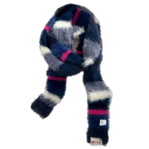 Colorful striped plush scarf with navy blue and pink faux fur texture and brand label
