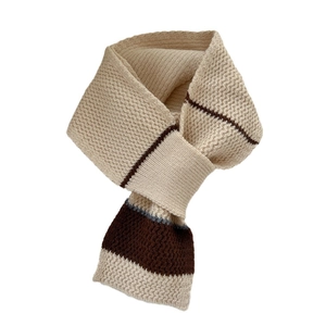 Minimalist striped knit scarf in beige and brown, cozy two-tone winter neck warmer for women