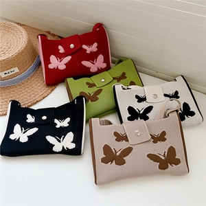 Knit Butterfly Crossbody Bag Polyester Crochet Small Square Phone Pouch Magnetic Buckle Casual Sweet Style Women
