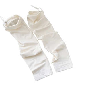 Cream white sun protection cooling arm sleeves with adjustable drawstring and logo detail