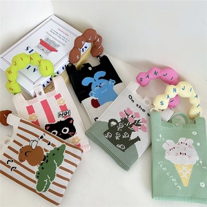 Mini sac à bandoulière tricoté mignon avec poignées colorées et motifs de dessins animés