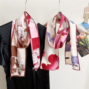 Long Narrow Scarf Double Sided Polyester Satin Floral Geometric Print Twilly Bag Handle Hair Ribbon Neck Tie For Women