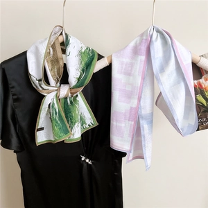 Elegant narrow twilly silk scarves with landscape and geometric prints for women