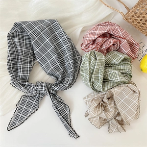 Foulard Triangle En Vichy Bandana Pour Femmes Avec Bord En Dentelle Festonné Rétro Français Foulard Cheveux Enveloppement Tête