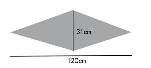 Detailed size chart of the diamond-shaped polka dot scarf showing 120cm by 31cm dimensions