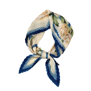 Navy blue and ivory pleated floral scarf with vintage peony print in a stylish ring knot