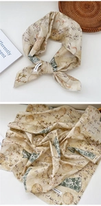 Close-up of 100% cotton square scarf with vintage Chinese ink flower and bird patterns