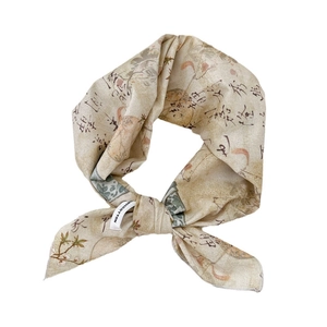 Linen-cotton square scarf with vintage floral calligraphy and 100% cotton label