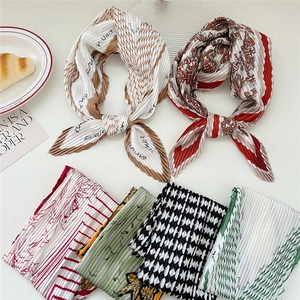 Pleated square silk scarf for women featuring diverse floral and geometric patterns