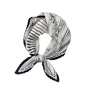 Pleated square scarf for women with black and white stripes and floral print
