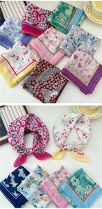 Floral cotton linen square scarf set showing various colors and elegant hair tie styles