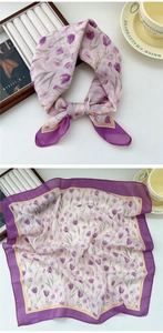 Detailed view of lightweight purple tulip print square scarf with floral pattern