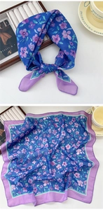 Detail of floral cotton linen square scarf with purple borders and elegant print patterns