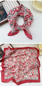 Floral cotton linen neck scarf with red flower pattern and deep red border details