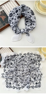 Detail of vintage floral square scarf in black and white, folded and flat view