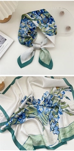 Detail of silk scarf with Van Gogh Iris art print and elegant twill texture finish